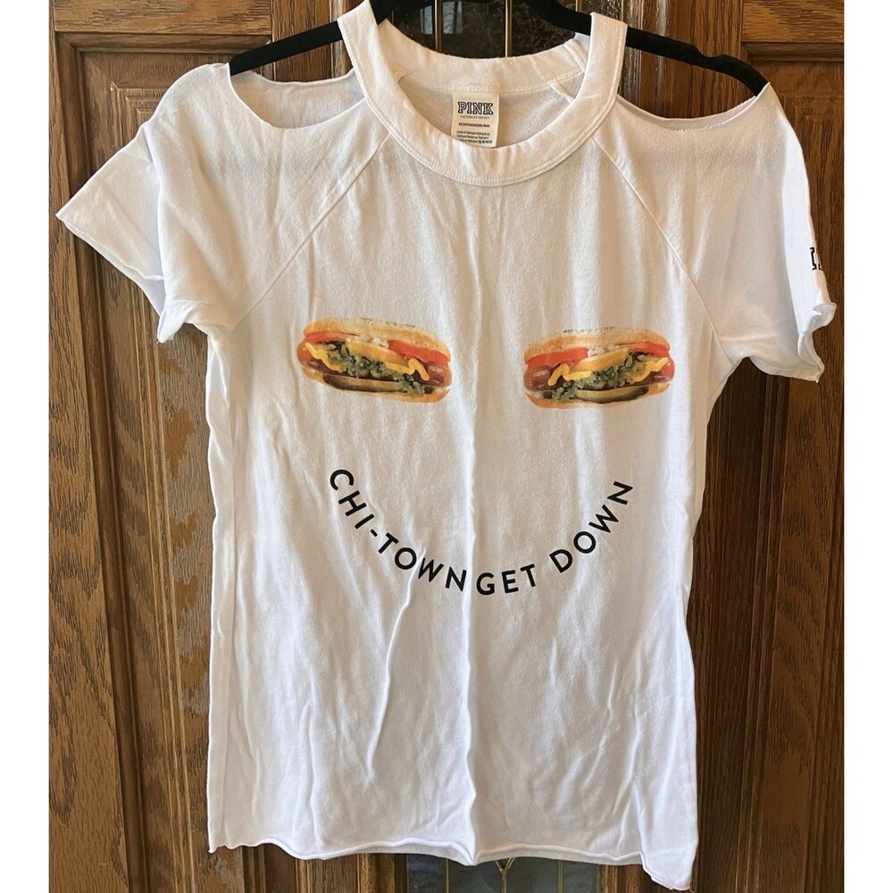 PINK Victoria Secret Women’s Size XS Short Sleeve Shirt White Chi-town Get Down